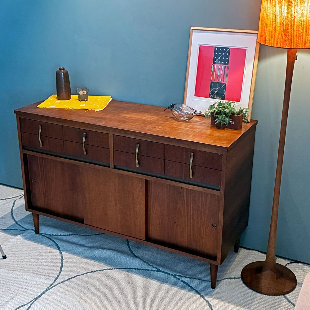 USビンテージ US Vintage サイドボード リビングボード 2ドロワー 引き戸 W121cm チーク材 ミッドセンチュリーデザイン ◎