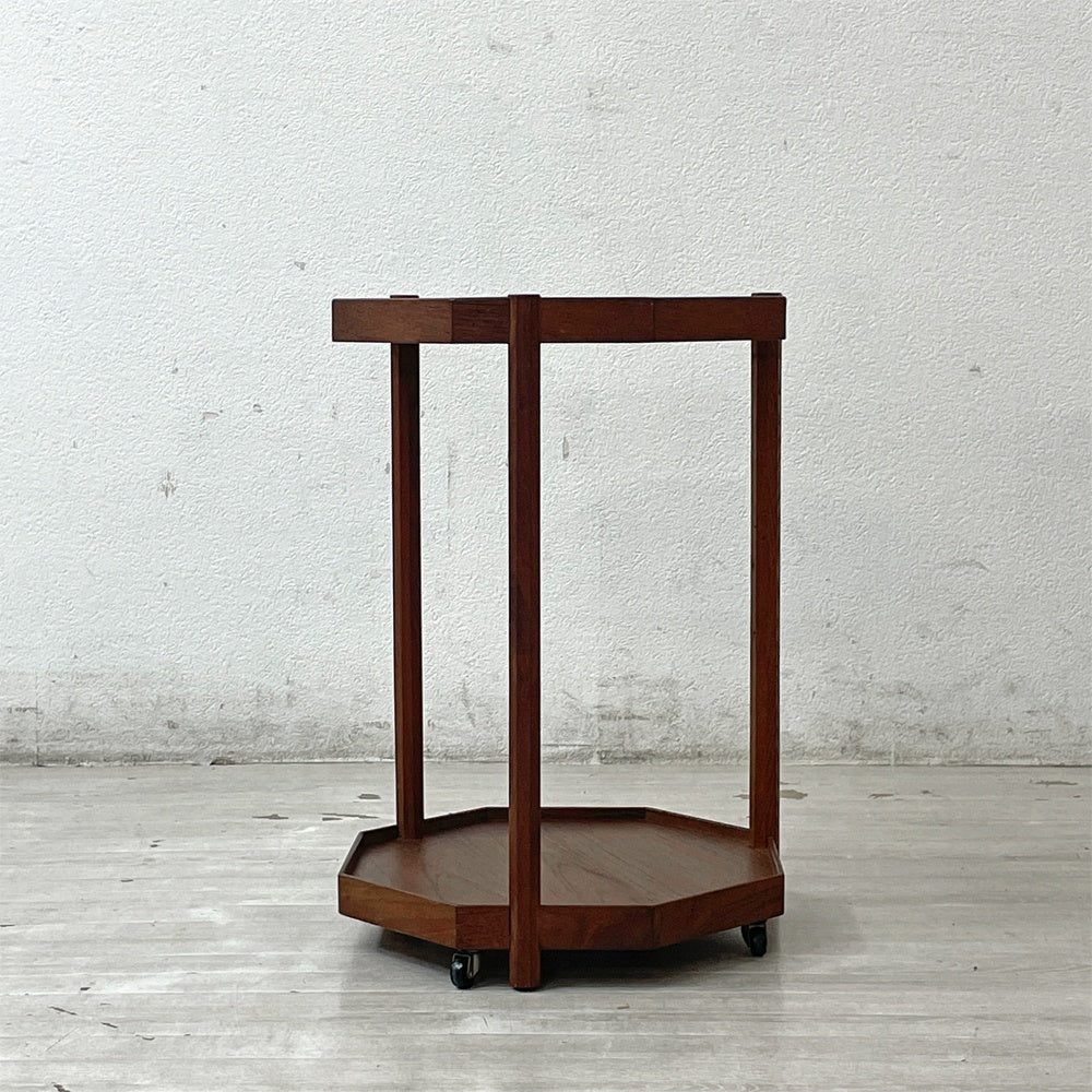 ジャパンビンテージ チーク材 八角形 サイドテーブル 花台 キャスター付き vintage ●