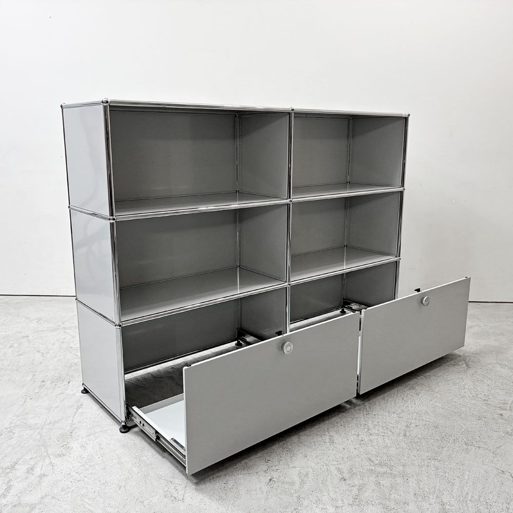 ユーエスエムハラー USM Haller モジュラーファニチャー キャビネット シェルフ 2列3段 2ドロワー 2ハーフドロワー ライトグレー アジャスター付き 定価￥427,488- ●