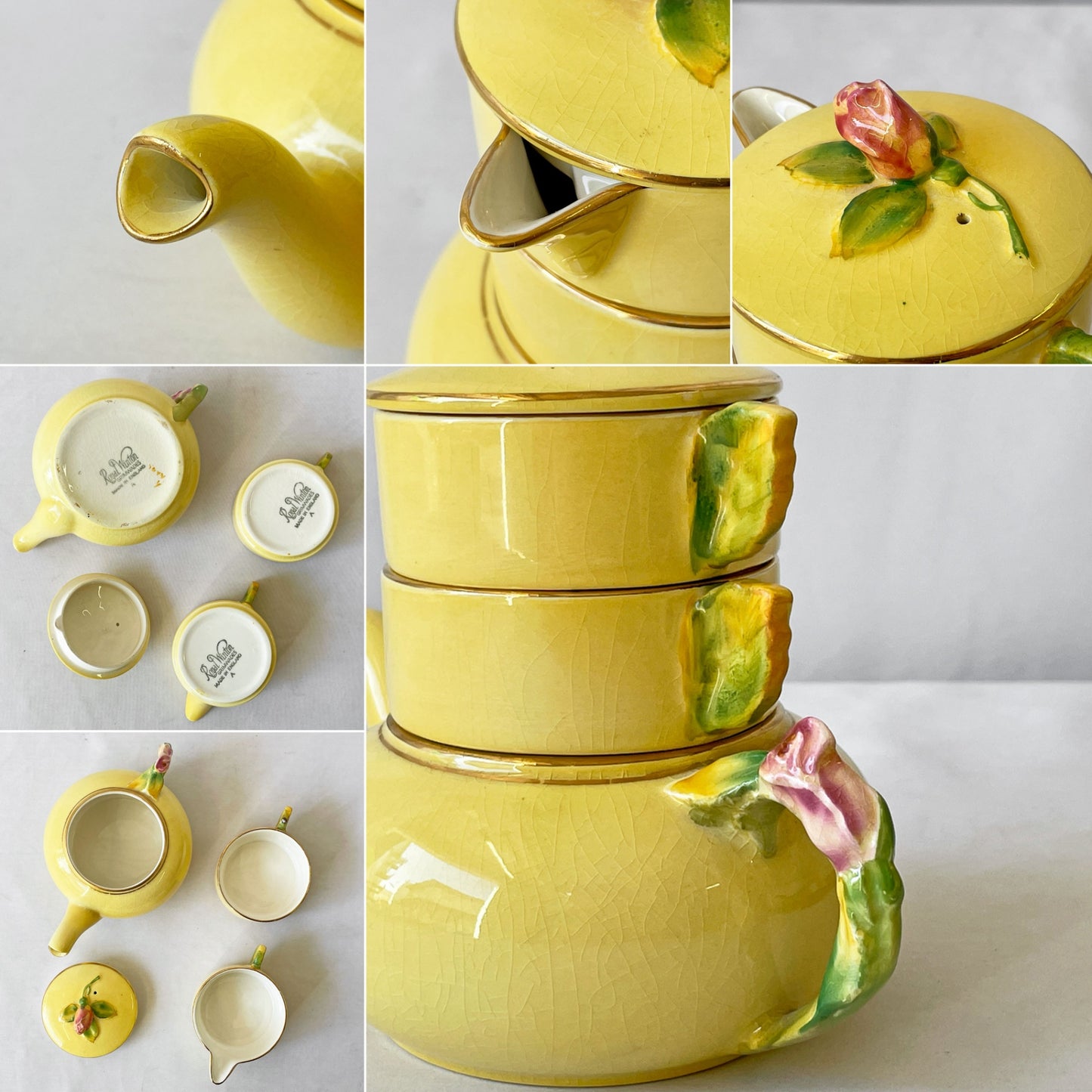 ロイヤルウィントン Royal winton ティーフォーワン Tea for One イエロー・ローズバッド Yellow Rosebud スタッキングティーポット ティーカップ クリーマー UKビンテージ 英国食器 希少 ◇