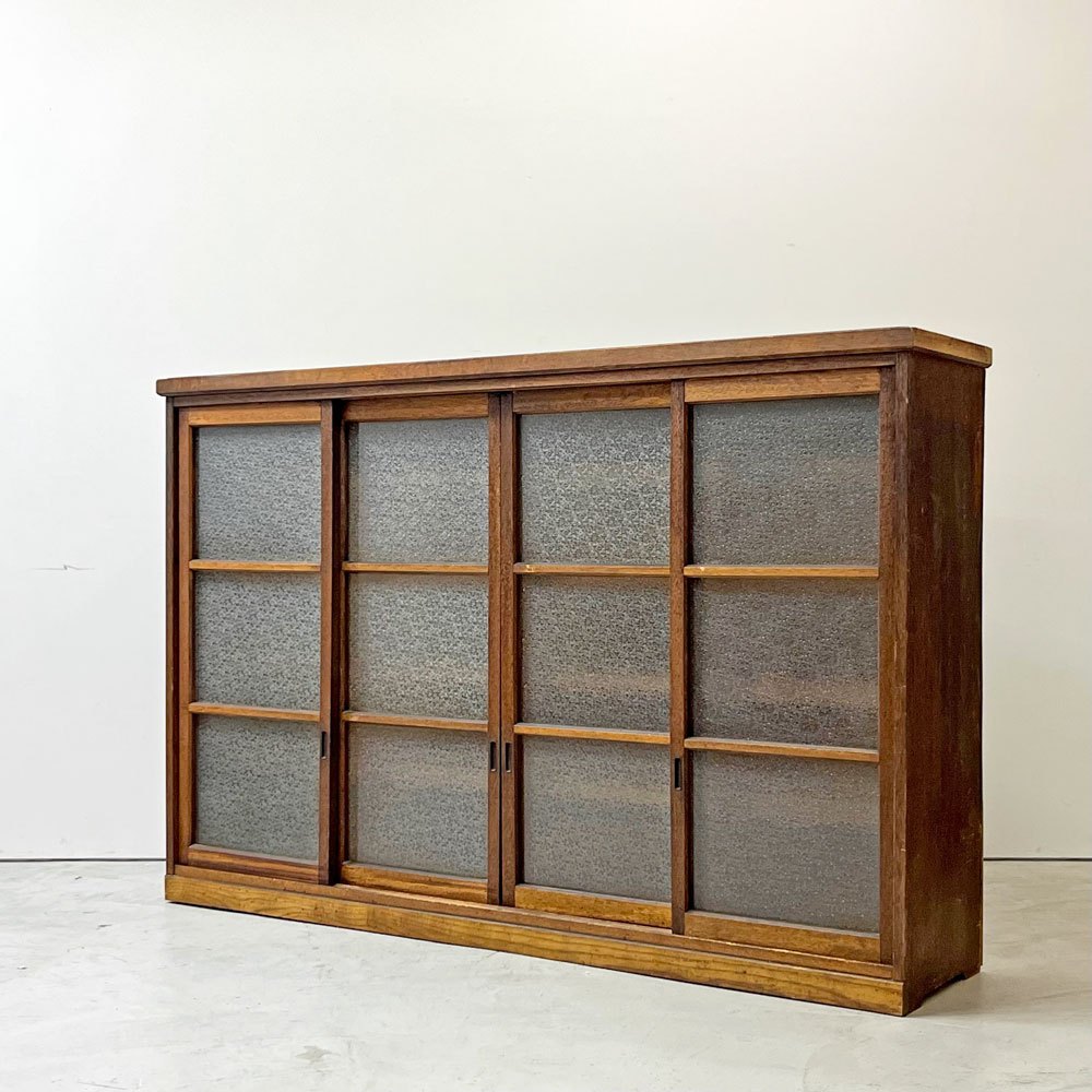 ジャパンビンテージ Japan vintage ダイヤガラス引戸 木製キャビネット 5段棚板 W171cm 古家具 レトロ ●