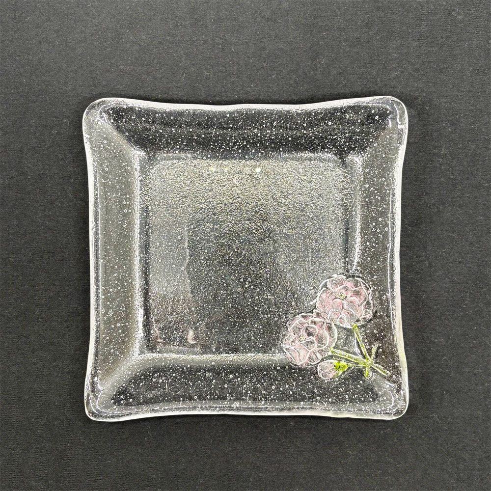 岡田多恵 ガラス 角皿 スクエアプレート パートドヴェール 花 14cm 現代作家 A ●