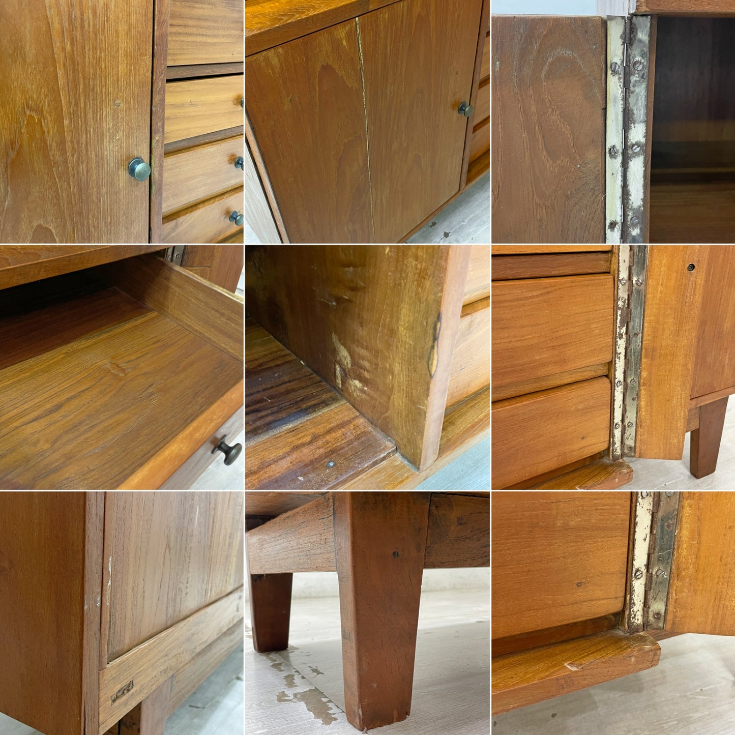 アジアン チーク無垢材 キャビネット ガラス扉 引き出し4杯 飾り棚 本棚 立ち脚家具 ●