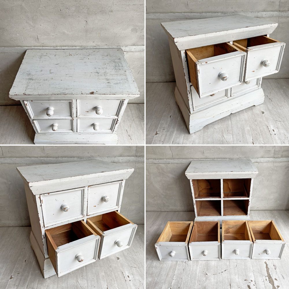 ビンテージ Vintage シャビーシック 4ドロワーズ ミニチェスト ホワイトペイント 木製 無垢材 ブロカント ラスティック 店舗什器 ♪