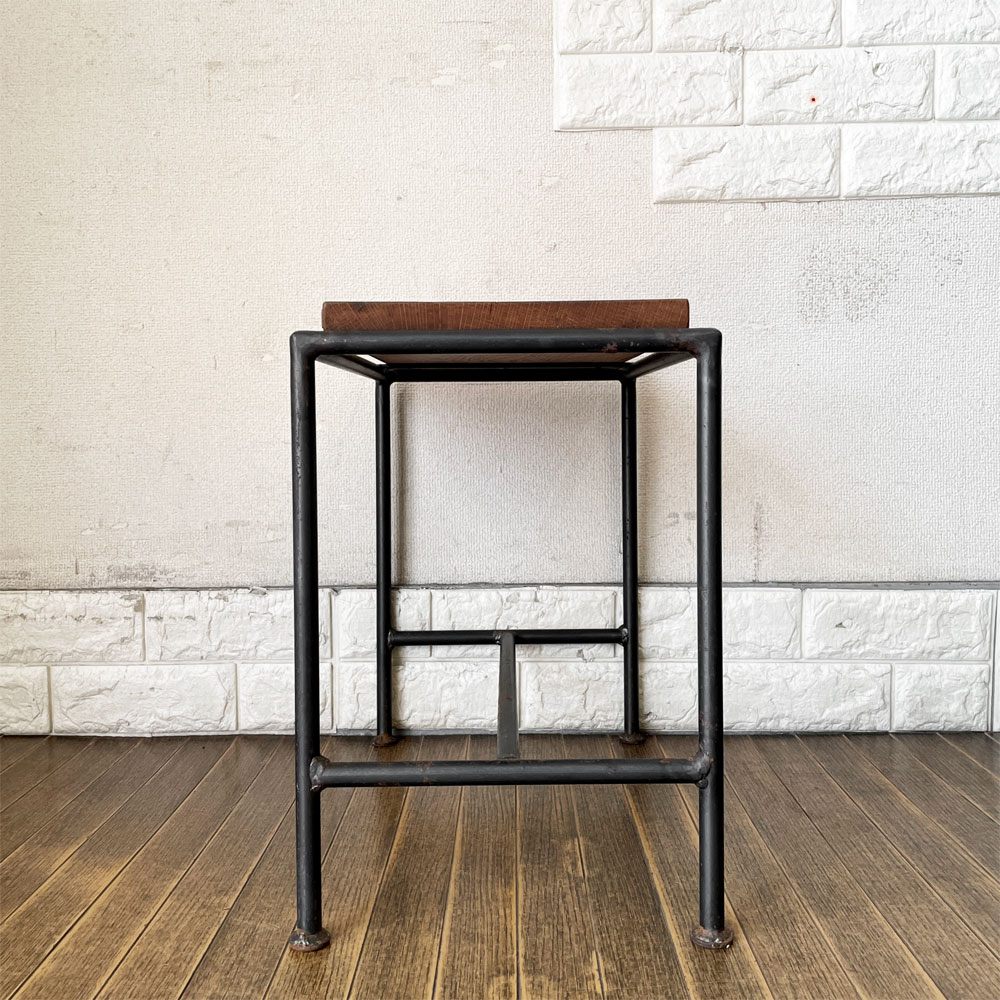 ヒロファニチャー hiro furniture オーク材 × アイアンフレーム サイドテーブル スツール 花台 W45cm インダストリアル ◎