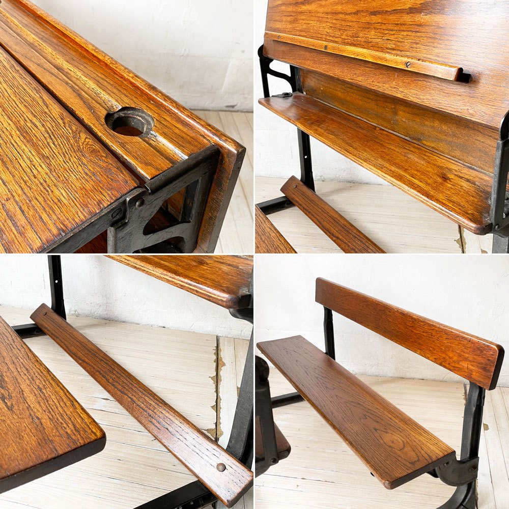 UKビンテージ UK Vintage スクールデスクチェア 一体型 オーク材×アイアン 学校机 学習机 アンティーク 店舗什器 ロイズアンティークス購入品 ★