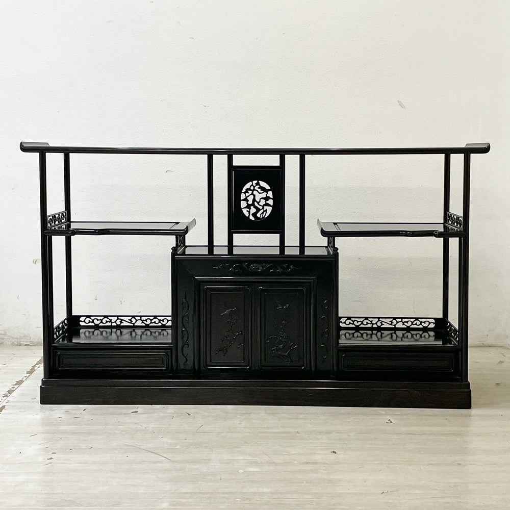 唐木家具 茶棚 違い棚 飾り棚 オープンシェルフ 透かし彫り W172cm 伝統工芸 銘木家具 ●