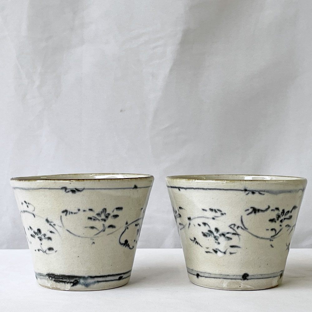 藤田佳三 染付猪口 そば猪口 フリーカップ 2客セット 陶器 植物 花 現代作家 ◇