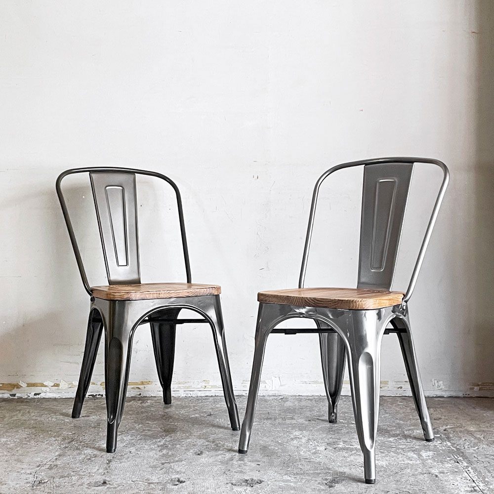 ビンテージスタイル Vintage Style ダイニングチェア スチール パイン材 ブラック × シルバー 2脚セット ■