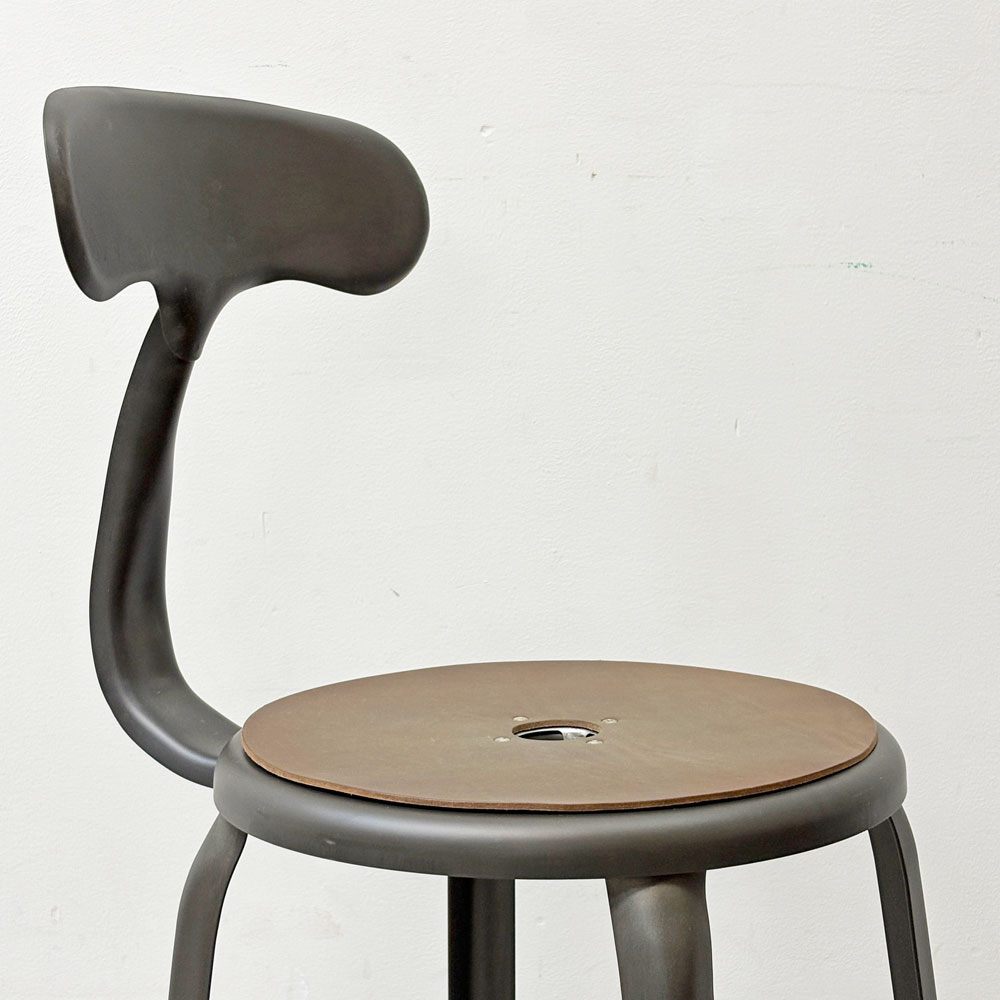 フェールトラヴァイユ FER TRAVAIL ニコルチェア NICOLLE Chair SH45cm ダイニングチェア スチール マットクリア仕上げ 別注モデル レザーパッド付 ブラウン インダストリアル フランス ●
