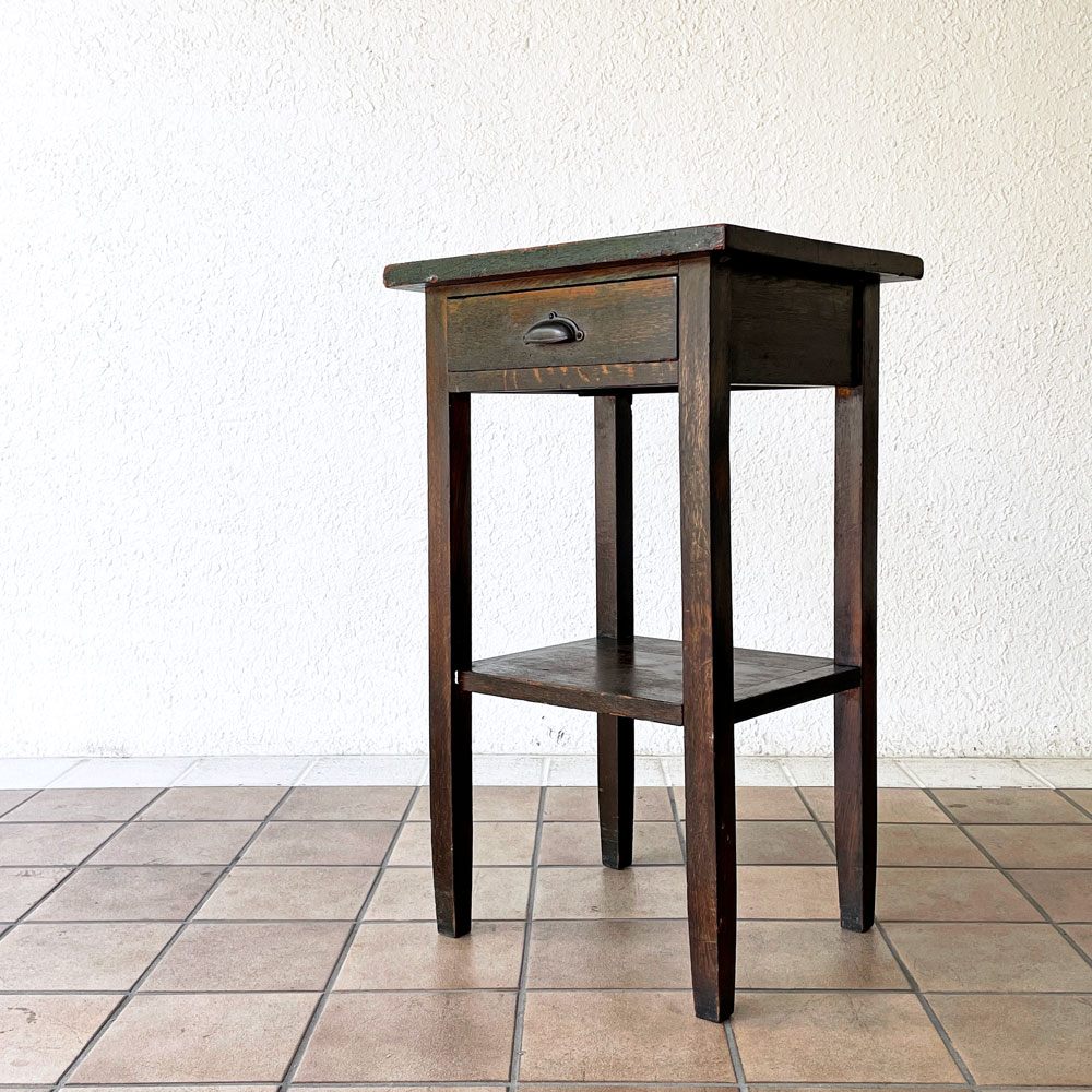 ジャパンビンテージ 木製花台 サイドテーブル フラワースタンド 抽斗1杯 ハンガーバー付き 古家具 店舗什器 ◇