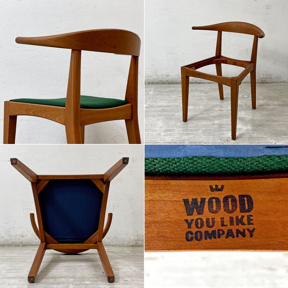 ウッドユーライクカンパニー WOOD YOU LIKE COMPANY アイチェア AI CHAIR アームチェア チェリー無垢材 ファブリック張替え済み グリーン ●