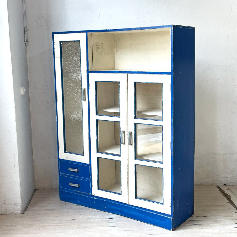 ジャパンビンテージ Japan Vintage ペインテッド ガラスキャビネット Painted Cabinet リメイク 古家具 古道具 型板ガラス ★