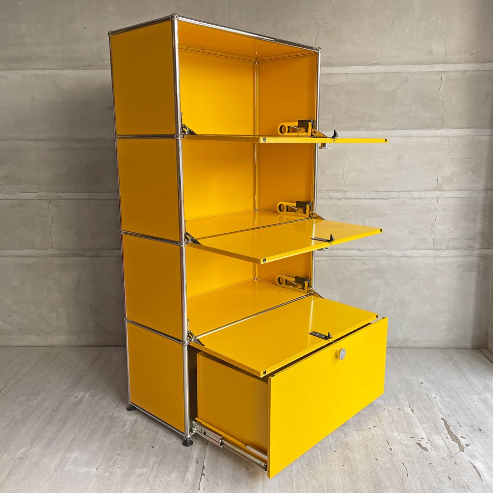 USMハラー USM Haller モジュラーファニチャー 1列4段 キャビネット シェルフ ゴールデンイエロー ドロップダウンドア エクステンションドア ソフトクローズ ボトムウエイト ♪