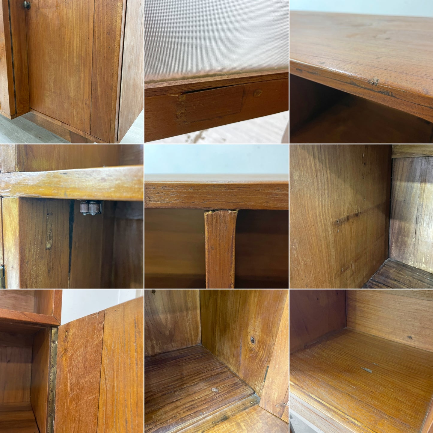 アジアン チーク無垢材 キャビネット ガラス扉 引き出し4杯 飾り棚 本棚 立ち脚家具 ●