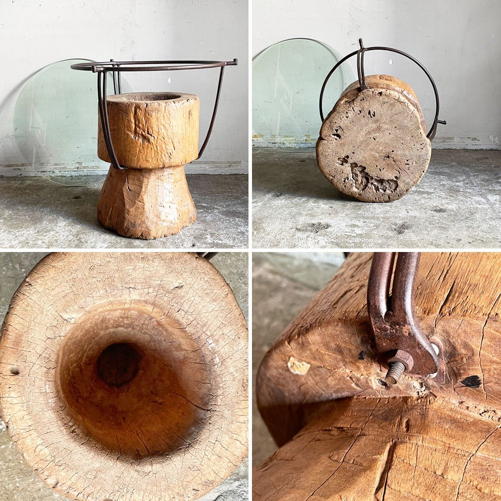 ビンテージ vintage ラウンド サイドテーブル ローテーブル 古材×ガラス×アイアン 天然木 菊池 由見子 プリミティブ ■