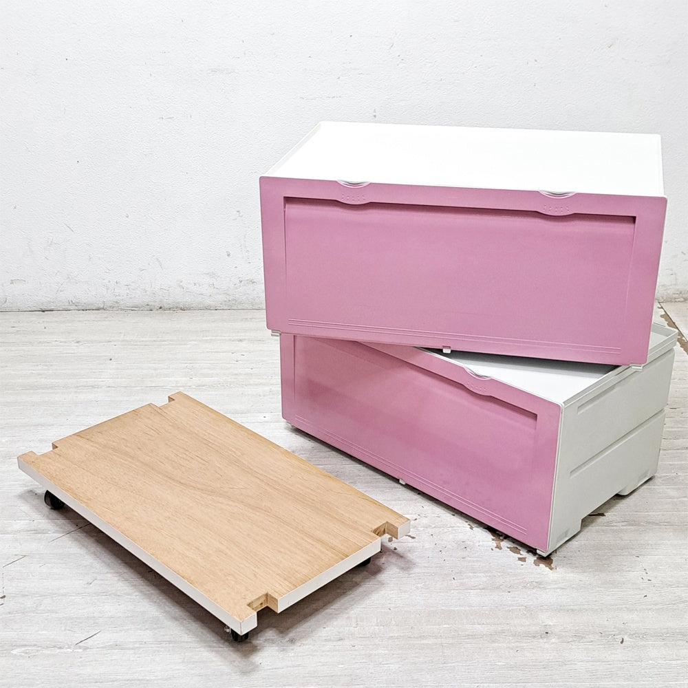 タッパーウェア Tupperware スーパーチェスト ワイド Super chest Wide 引出1段 ピンク 2段セット 専用カート付 ●