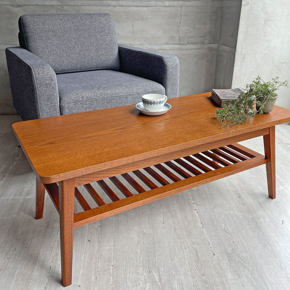 パシフィックファニチャーサービス P.F.S. ローテーブル DH TEA TABLE WITH SHELF Lサイズ W120cm ナラ材 マガジンラック付 定価￥71,500- ♪