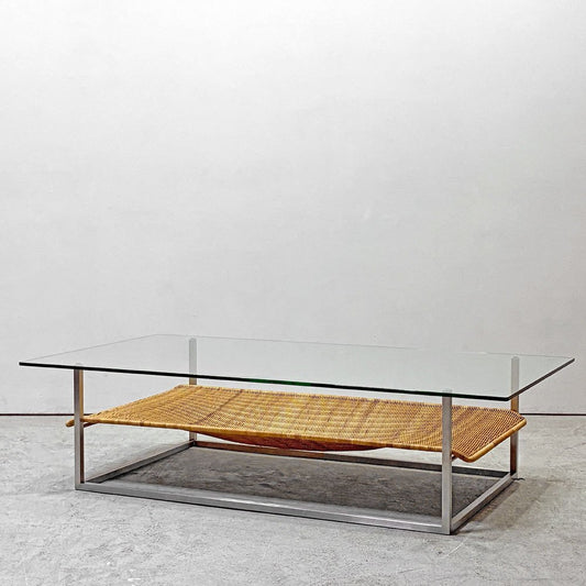 イーアンドワイ E&Y ハンモック Hammock コーヒーテーブル ガラストップ ラタン ステンレス 幅140cm 二俣公一 ●