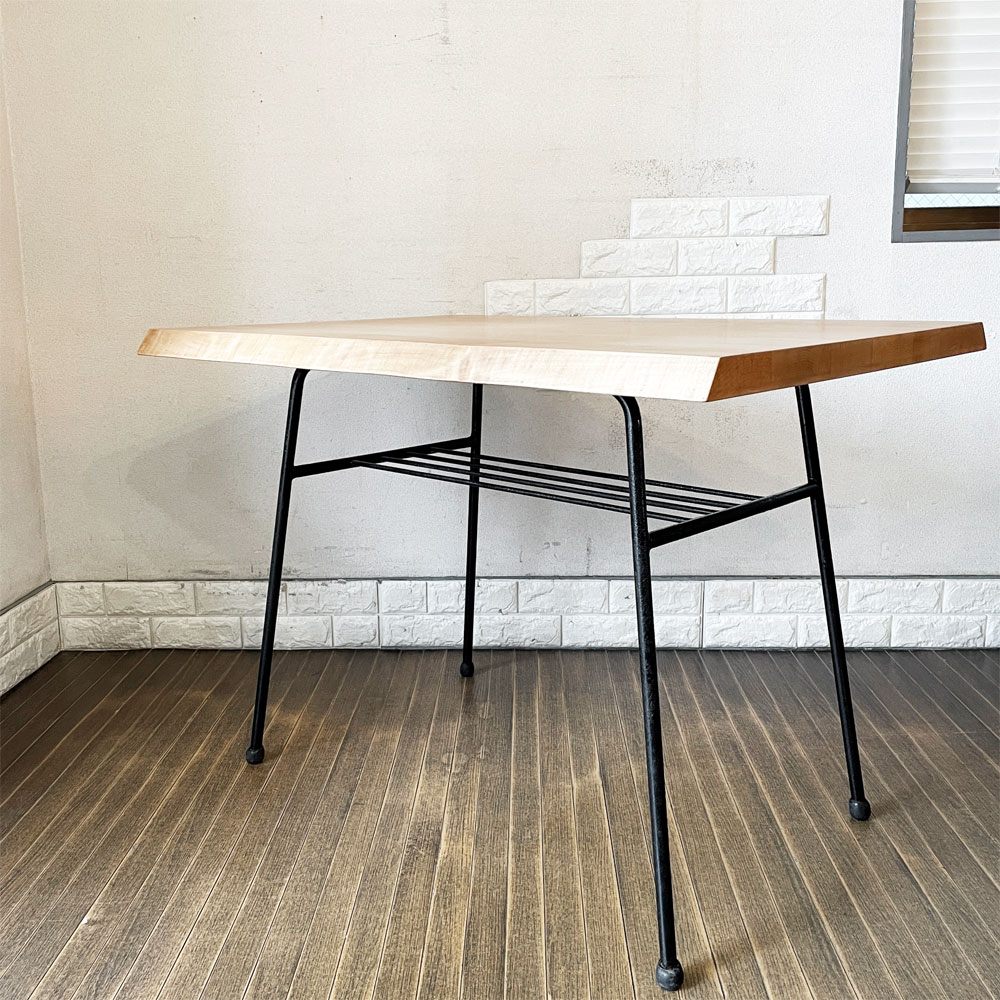 ビンテージスタイル Vintage Style 耳付き無垢材 × 鉄脚 ダイニングテーブル ワークテーブル 作業台 W105cm インダストリアル リメイク家具 ◎