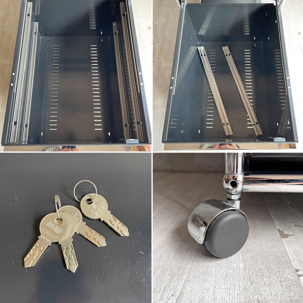 ユーエスエムハラー USM Haller モジュラーファニチャー Modular Furniture ハラーシステム デスクワゴン ロールボーイ 2ドロワー ブラック 鍵付 トレイ付 ♪