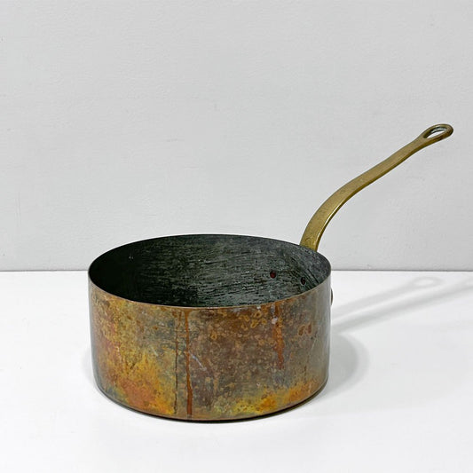 ビンテージ コッパー 片手鍋  vintage copper pan ソースパン 銅鍋 真鍮ハンドル 20cm フラワーベース フランス ブロカント  ●