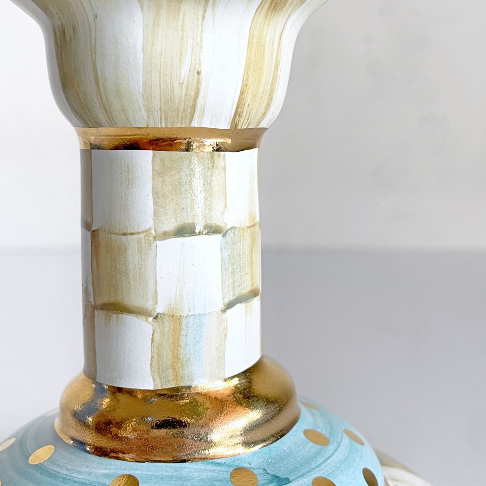 マッケンジーチャイルド Mackenzie-Child コートリーチェック柄 キャンドルスティック Candlestick 金彩 陶器 アメリカ A ■