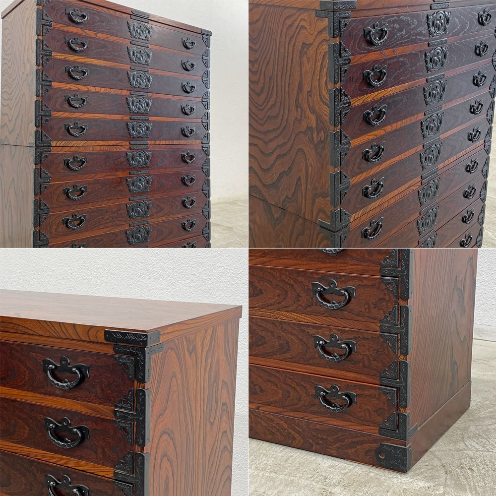 岩谷堂箪笥 重宝箪笥 整理箪笥 10段 チェスト 欅材 w105 h135cm 南部鉄器金具 桐紋様 伝統工芸 民芸家具 ◎