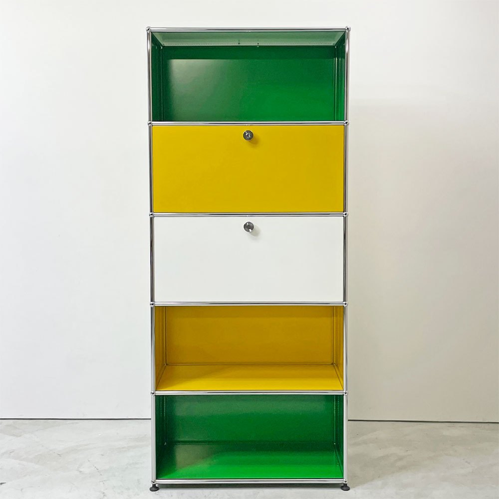 USMハラー USM Haller モジュラーファニチャー キャビネット シェルフ 1列5段 ドロップダウンドア×2 USMグリーン ゴールデンイエロー ピュアホワイト スイス 鍵付き ●