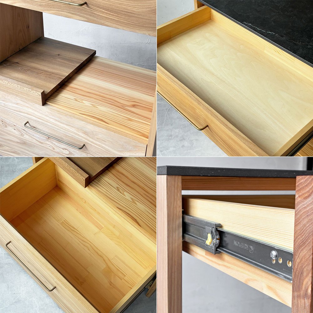 ヒダコレ家具 HIDA Collection キッチンボード ニレ材 セラミック天板 マーブル調 W75cm ホテルライク モダン オーダーファニチャー 国産家具 ★
