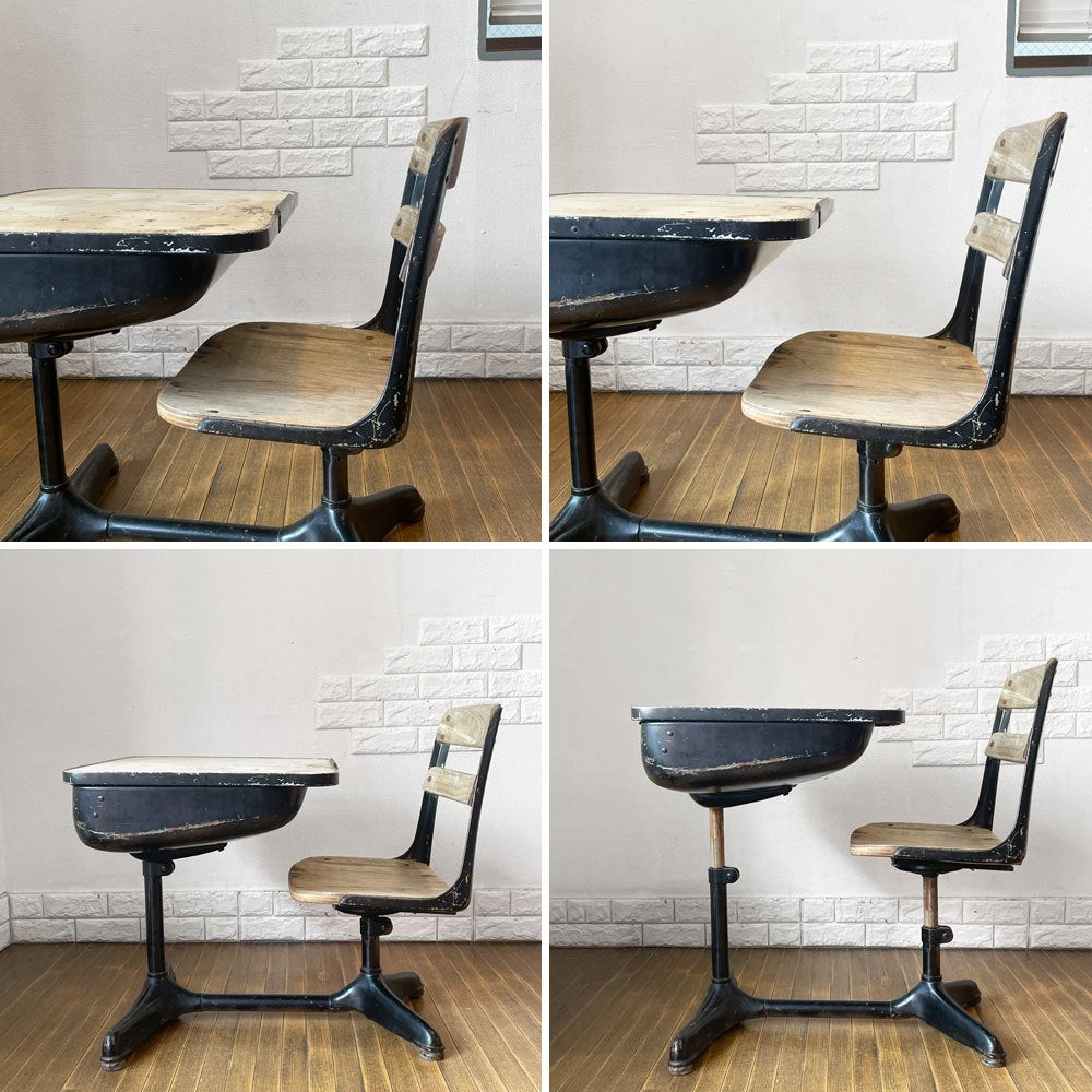 USビンテージ US Vintage スクールデスク＆チェア 一体型 天板・チェア 学校椅子 机 昇降機能付き 店舗什器 ◎