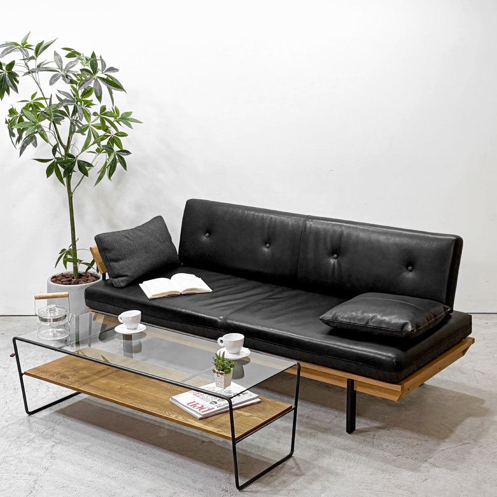 カーフ Karf ホルツ HOLZ 3Pソファ スタイルA クッション2個付き 片アーム 本革×ファブリック リバーシブル オーク無垢材 スチールレッグ ●
