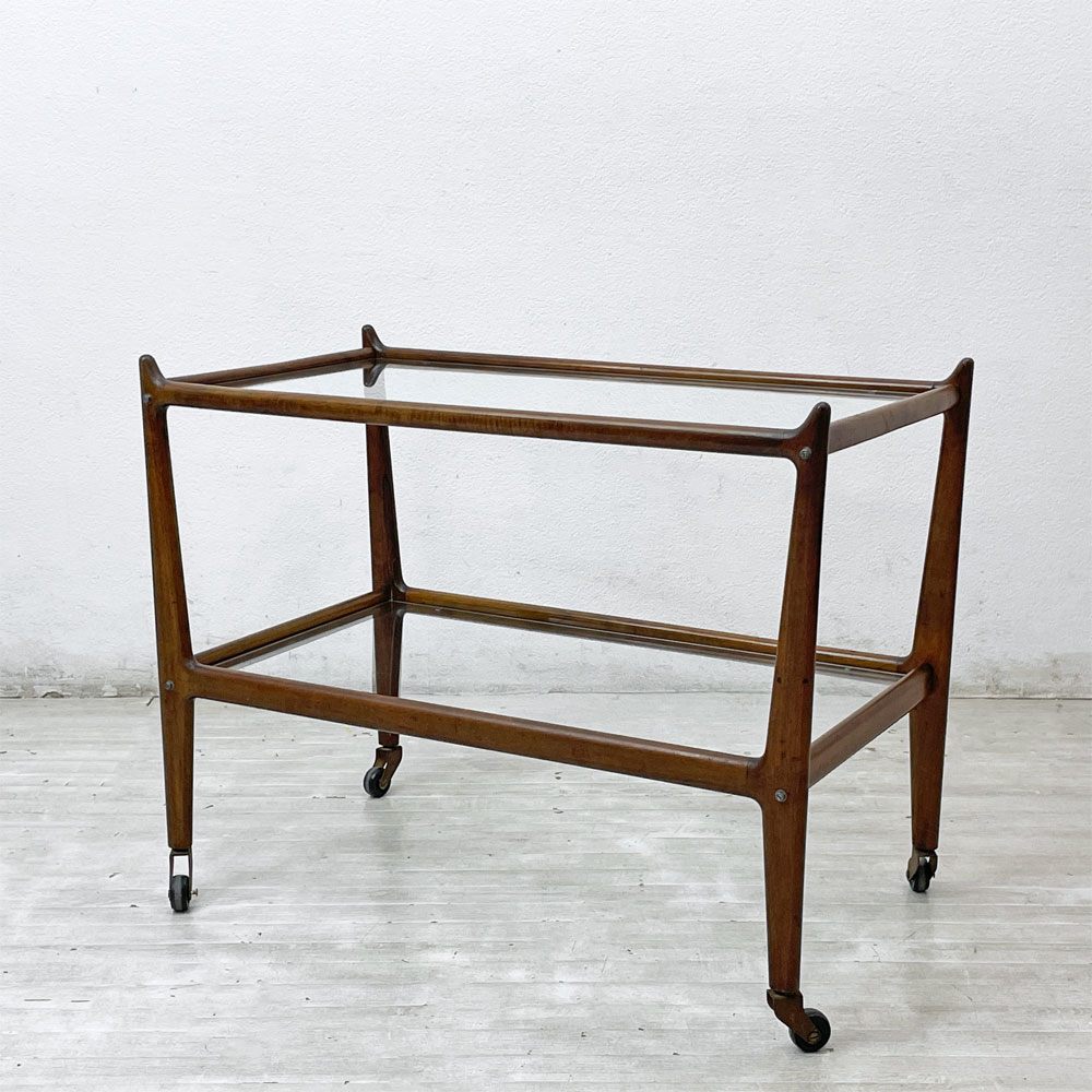 USビンテージ Vintage 木製 ガラス ワゴン 2段 キャスター キッチンワゴン サイドテーブル ディスプレイラック ミッドセンチュリー ●