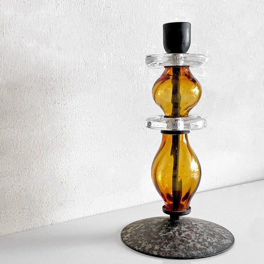 ボダ BODA Erik Höglund エリック・ホグラン 2連 オニオン ガラスキャンドルホルダー ラウンドベース アンバー 60's ビンテージ スウェーデン 北欧雑貨 ■