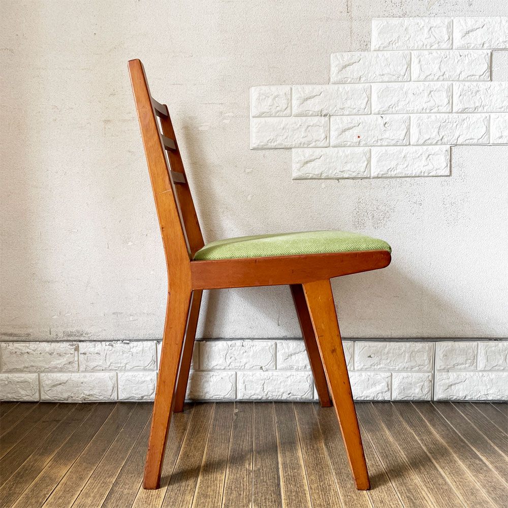 UKビンテージ Vintage ラダーバック ダイニングチェア ファブリックシート ライトグリーン系 座面張替済 英国家具 ◎