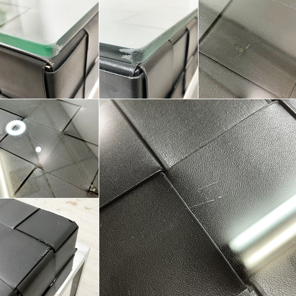 フライミーノワール FLYMEe Noir ローテーブル f571 ガラス天板×再生皮革ベルト スチール クローム仕上げ W113.5cm アジャスター付き モダンデザイン ●