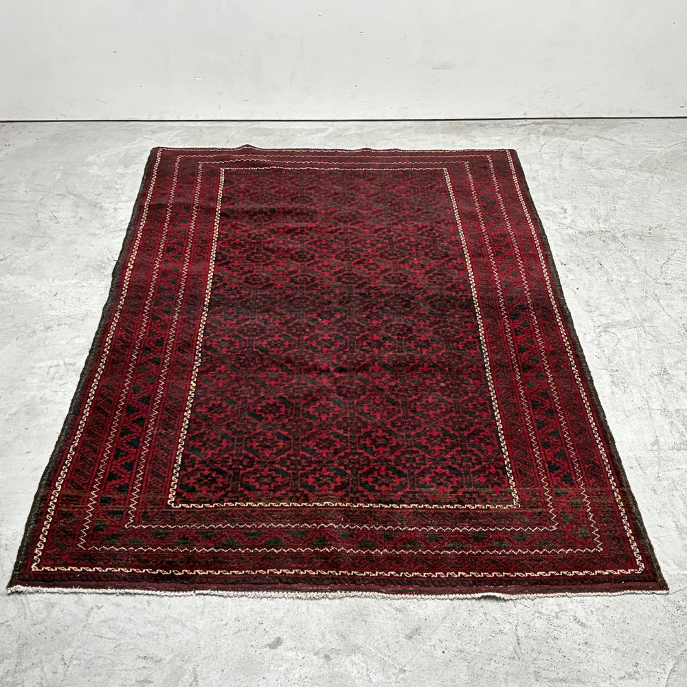 ビンテージ Vintage トルクメン トライバルラグ カーペット 絨毯 ワインレッド 213×125cm アンティーク調 ●
