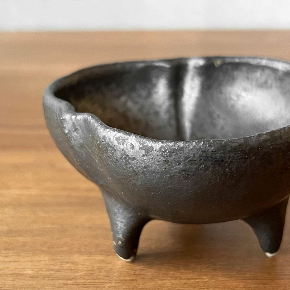 安福由美子 錆釉足付蕾小鉢 W8cm 現代作家 ♪