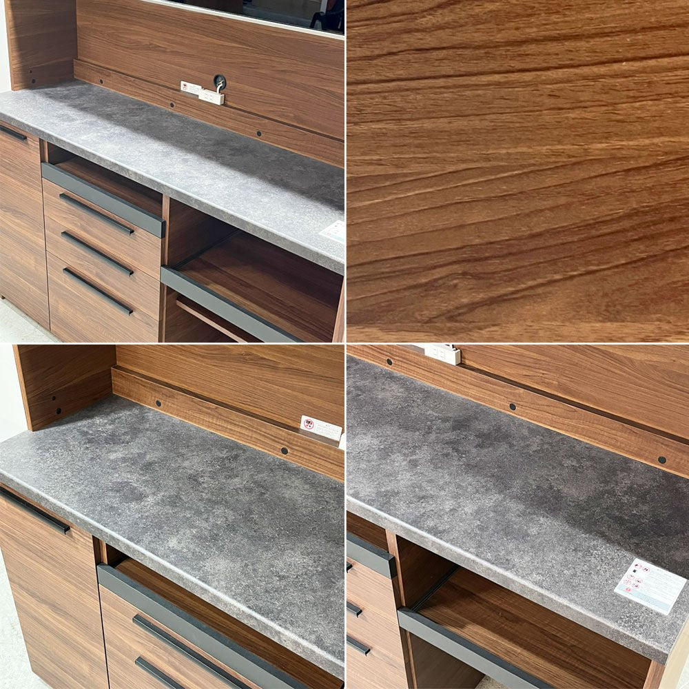パモウナ Pamouna 食器棚 SY-1600R W160cm キッチンボード カップボード システム家具 ウォールナット木目色 石目柄天板 ソフトクローズ ●