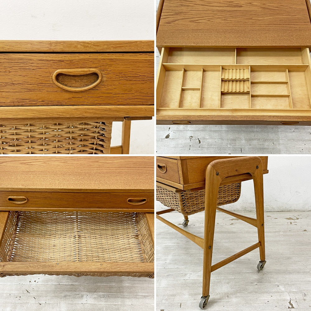 デンマークビンテージ Danish Vintage ソーイングテーブル サイドテーブル オーク材ラタンバスケット キャスター付き 北欧家具 ●