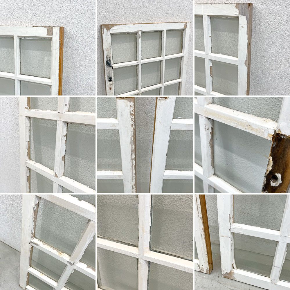 フランスアンティーク 格子窓枠 木枠×ガラス 2枚組 建材 建具 ビンテージ 〓