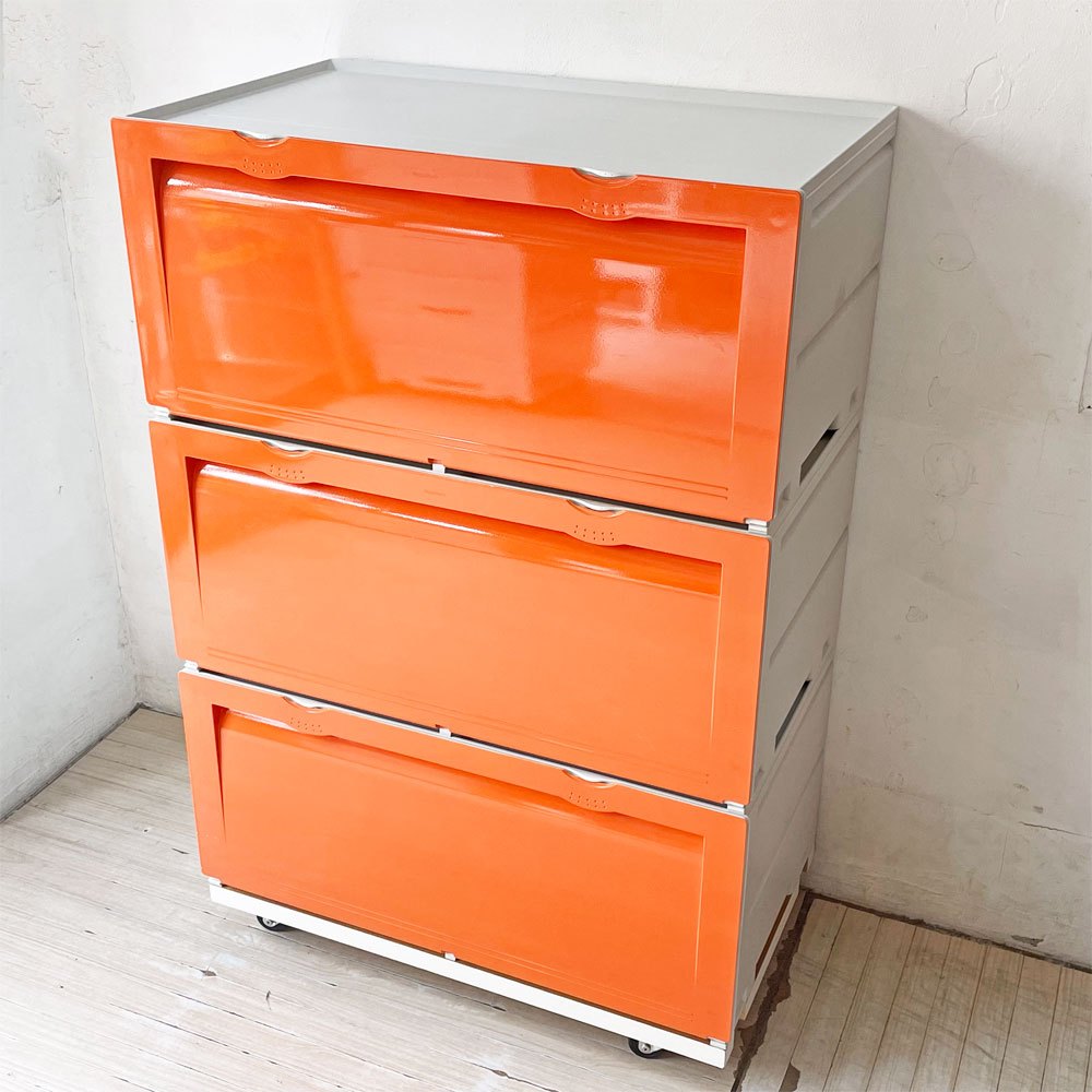 タッパーウェア Tupperware スーパーチェスト ワイド Super chest Wide 引出1段 オレンジ 3段セット 専用カート付 ★