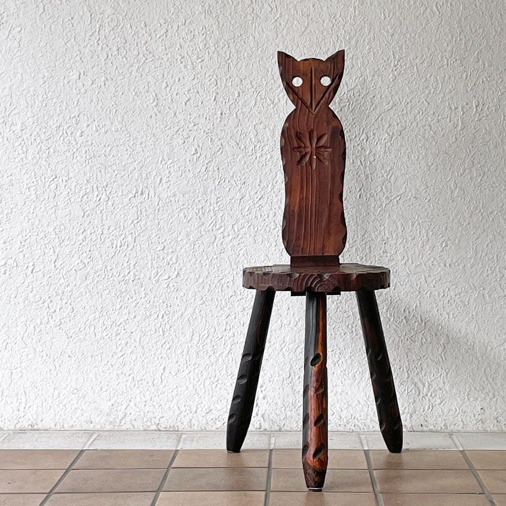 ビンテージ Vintage スパニッシュスツール 猫椅子 キャットチェア フォールディング 折り畳み シェファードチェア Bathing Chair パイン無垢材 木彫 プリミティブ ◇
