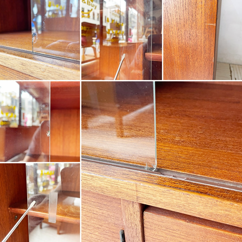 ジャパンビンテージ チーク材 ガラスキャビネット リビングボード 棚板5枚 3ドロワー 北欧スタイル ブロカント 水屋 ジャパニーズモダン ★