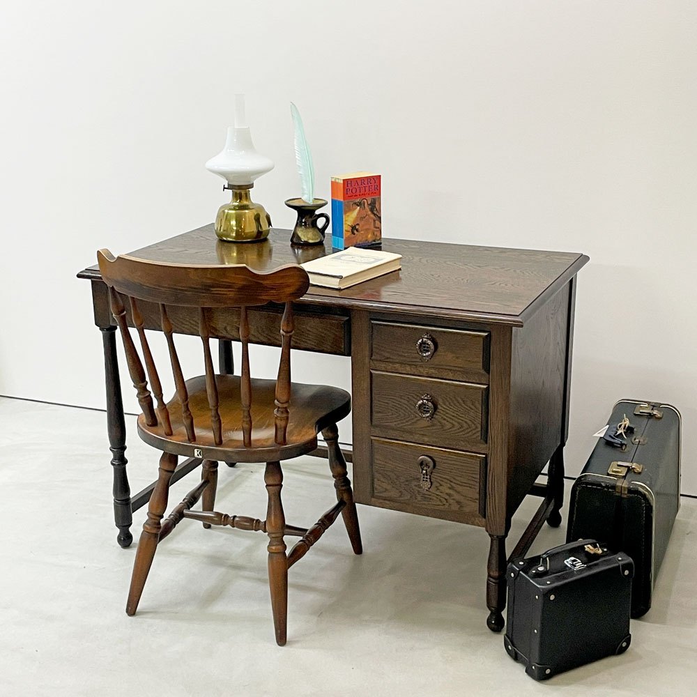 横浜元町 竹中家具 オーク材 片袖デスク 机 抽斗4杯 W106cm ろくろ脚 クラシカルデザイン 昭和レトロ ●