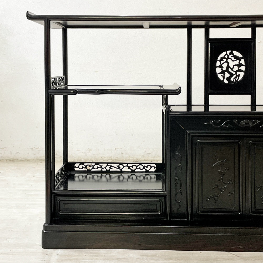 唐木家具 茶棚 違い棚 飾り棚 オープンシェルフ 透かし彫り W172cm 伝統工芸 銘木家具 ●