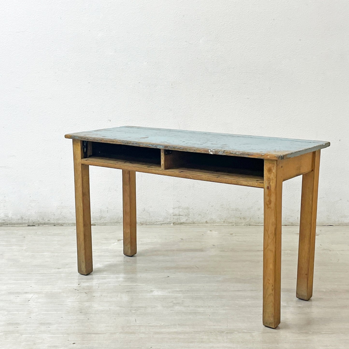 フランスビンテージ French Vintage スクールデスク キッズデスク 学校机 コンソールテーブル 2人掛け ブルーペイント W92cm ●