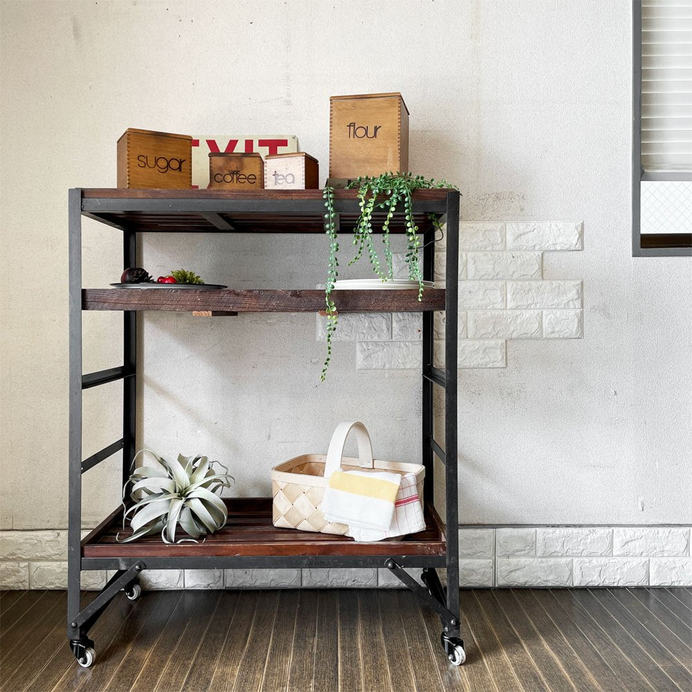 クラッシュゲート CRASH GATE ノットアンティークス Knot Antiques リストシェルフ LIST SHELF パイン古材 × アイアン 3段 W80cm キャスター付 定価￥62,700- 廃番 ◎