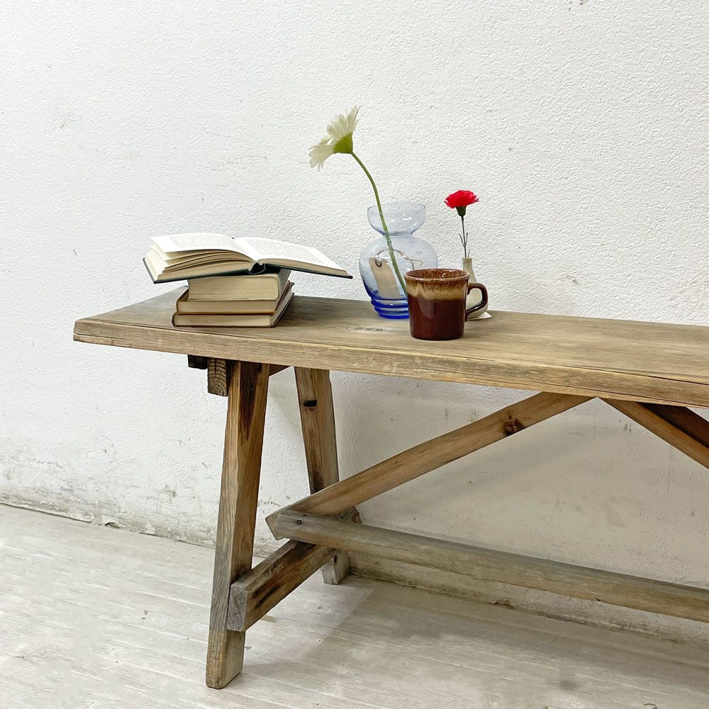 ビンテージ Vintage 古い木味の木製ベンチ 杉古材 無垢材 古家具 W159cm ●