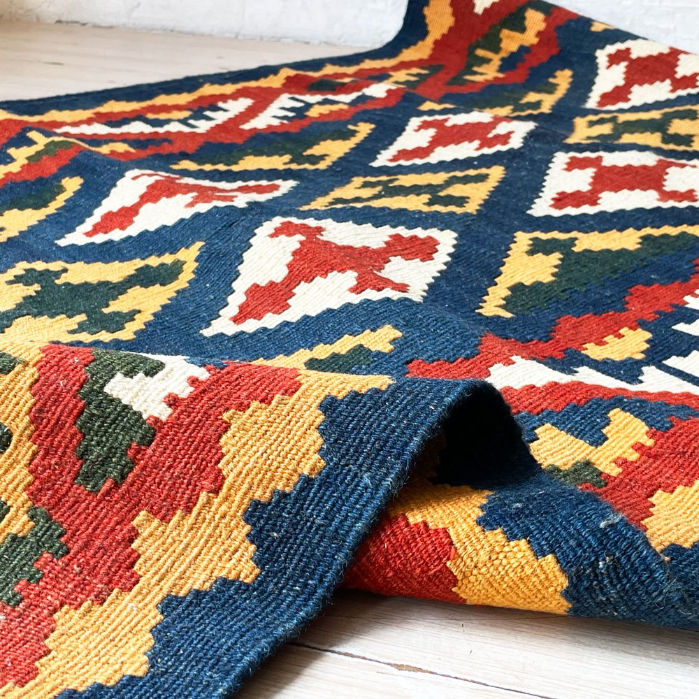 トルコ Turkey 手織り キリム ラグ カイセリ産197×73cm ランナーラグカーペット ブルー系 キッチン エントランス ラグカーペット ★